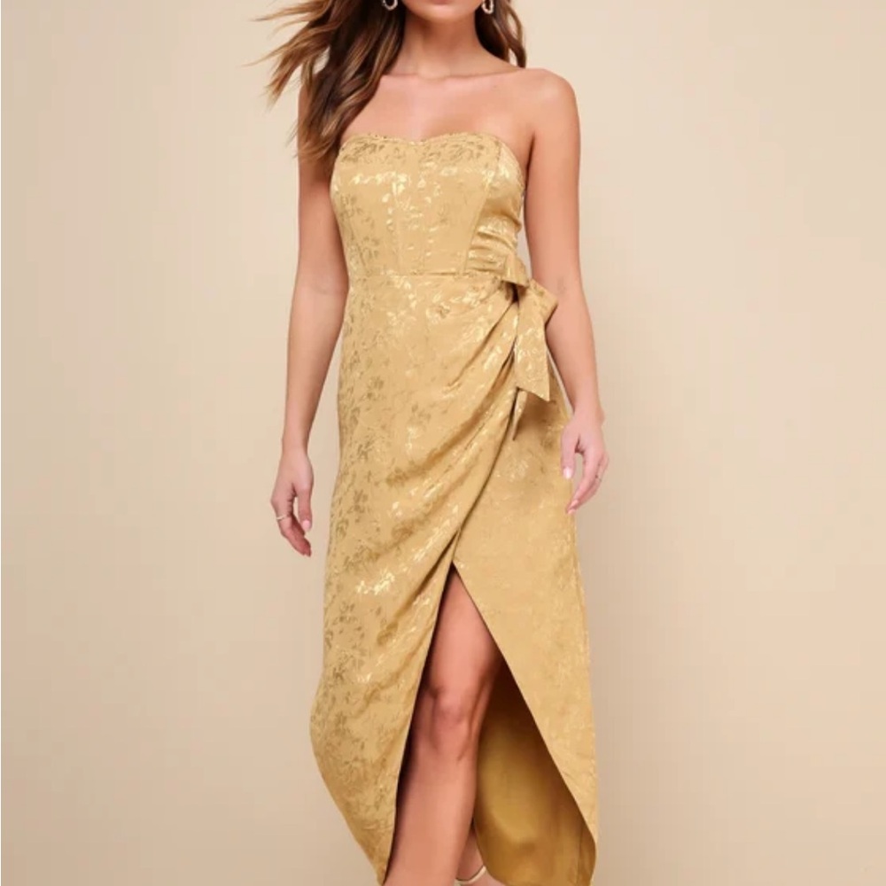 Lulu's Adoring Praise Gold Satin Jacquard Strapless Bustier Midi Dress